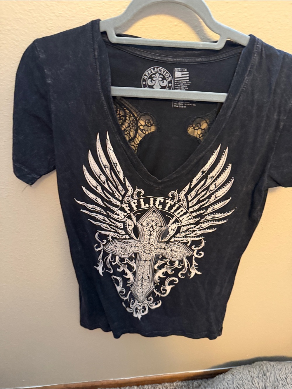 Affliction Black Short Sleeve V-Neck Tee with White Cross & Wings